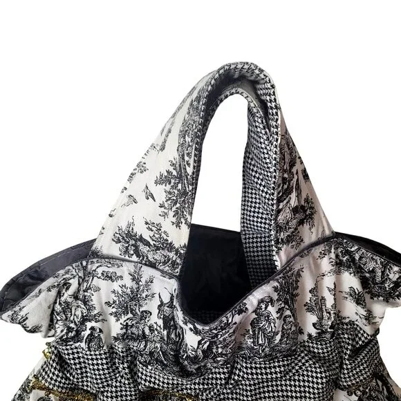 Handmade Black & White Toile & Houndstooth Tote Bag With Ruffled Detail & Gold T - Picture 8 of 15